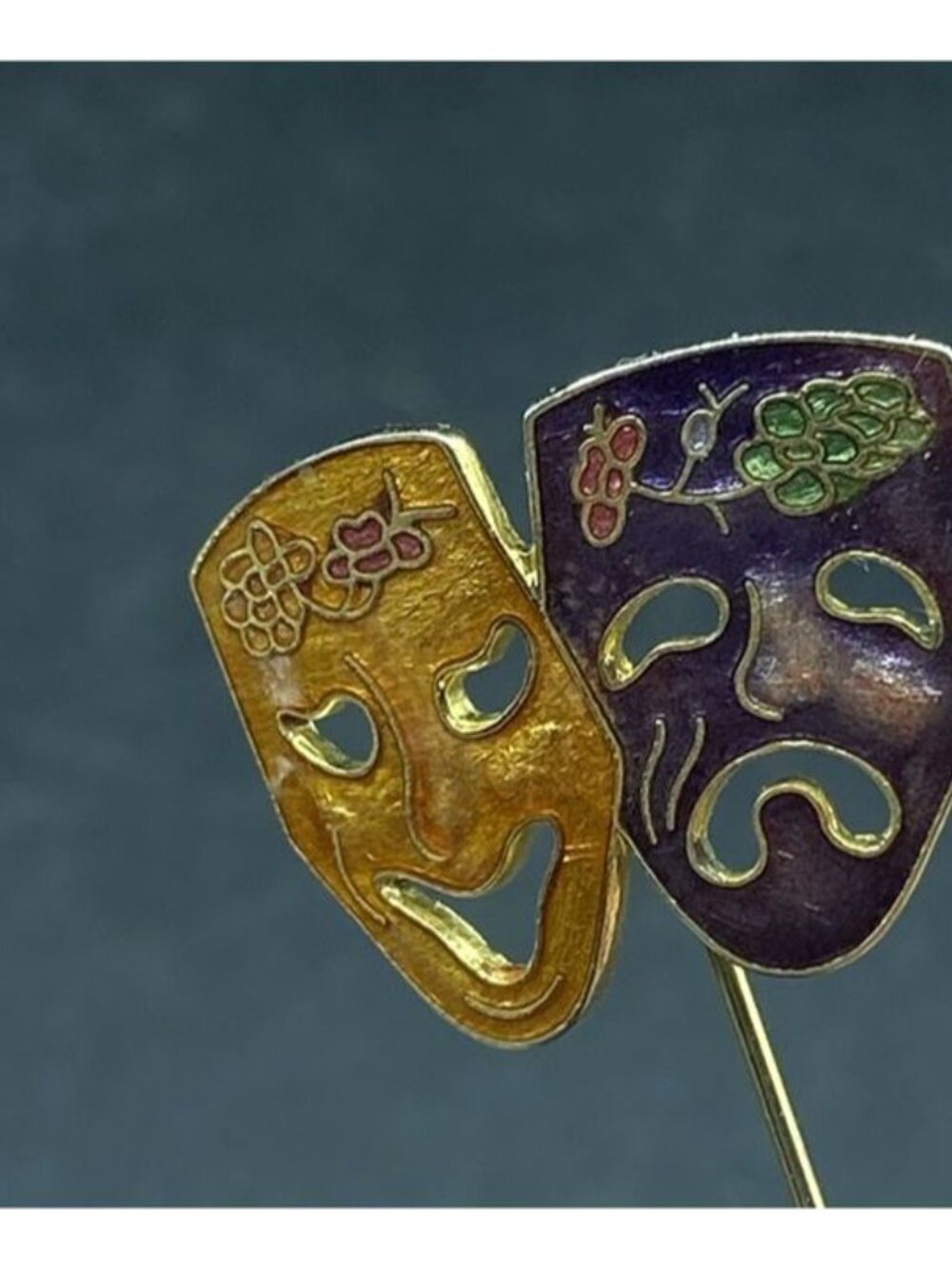 Comedy Tragedy Masks Cloisonné Enamel Stick Pin Vintage - Picture 7 of 9